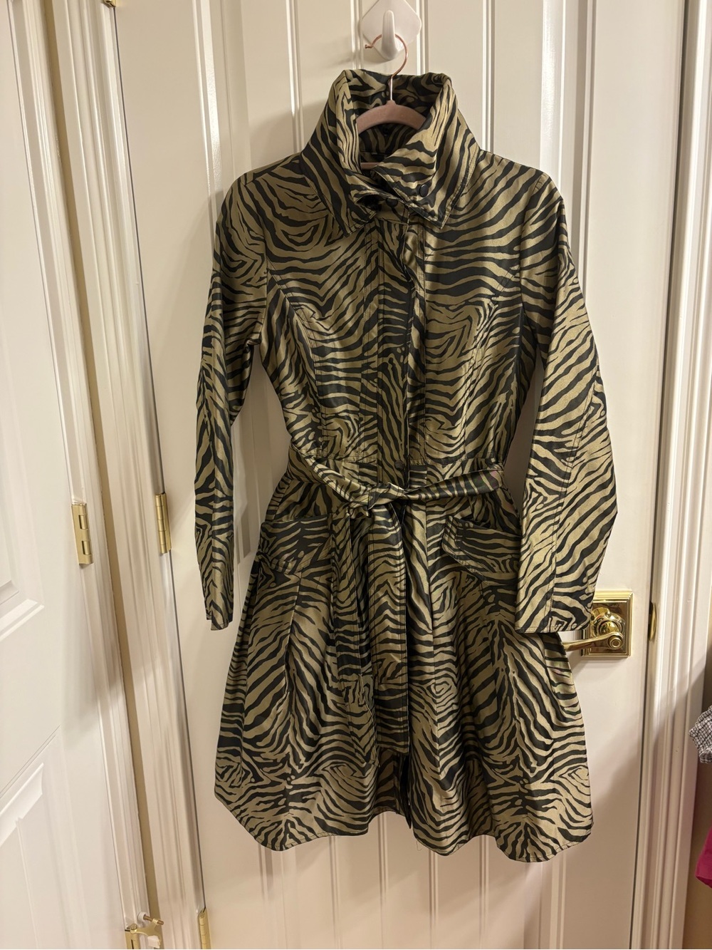 Samuel Dong Tiger Print high collar belted Trench Coat Jacket XS Black Gold Fab